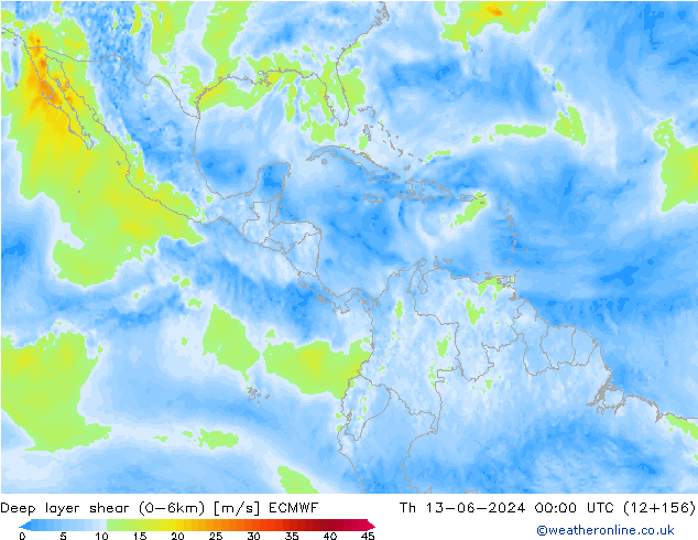 Deep layer shear (0-6km) ECMWF Th 13.06.2024 00 UTC