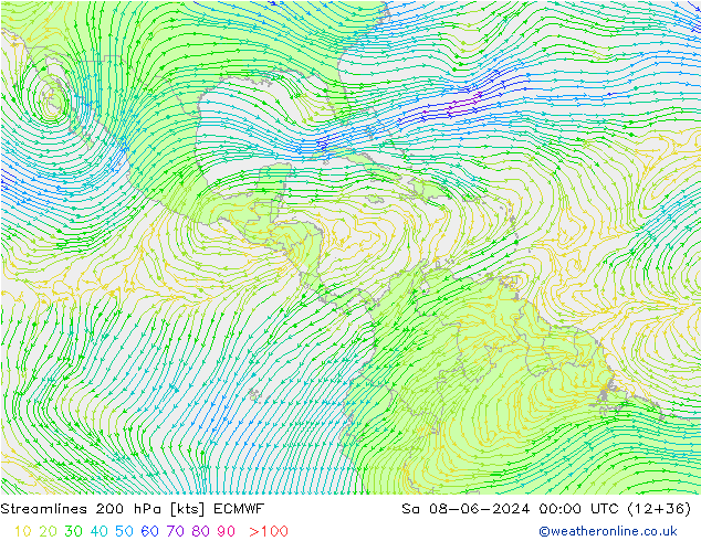 Linha de corrente 200 hPa ECMWF Sáb 08.06.2024 00 UTC