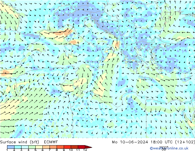 Surface wind (bft) ECMWF Mo 10.06.2024 18 UTC