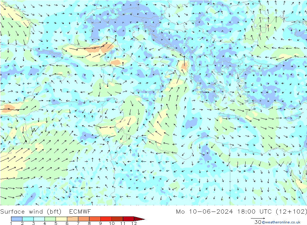 Vent 10 m (bft) ECMWF lun 10.06.2024 18 UTC