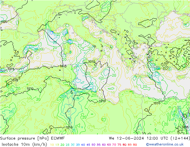 Isotachs (kph) ECMWF mer 12.06.2024 12 UTC