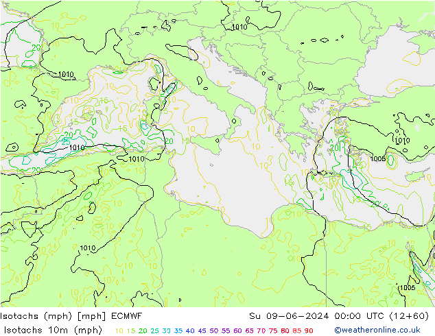 Isotachs (mph) ECMWF Вс 09.06.2024 00 UTC