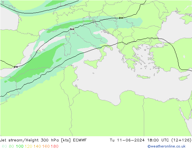 Jet stream/Height 300 hPa ECMWF Tu 11.06.2024 18 UTC