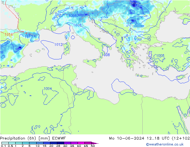 Precipitazione (6h) ECMWF lun 10.06.2024 18 UTC