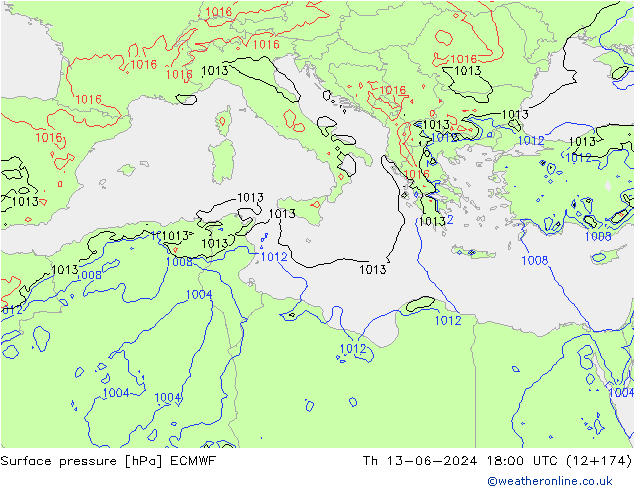 Surface pressure ECMWF Th 13.06.2024 18 UTC