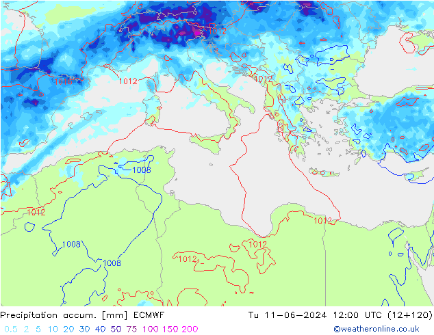 Precipitation accum. ECMWF Út 11.06.2024 12 UTC