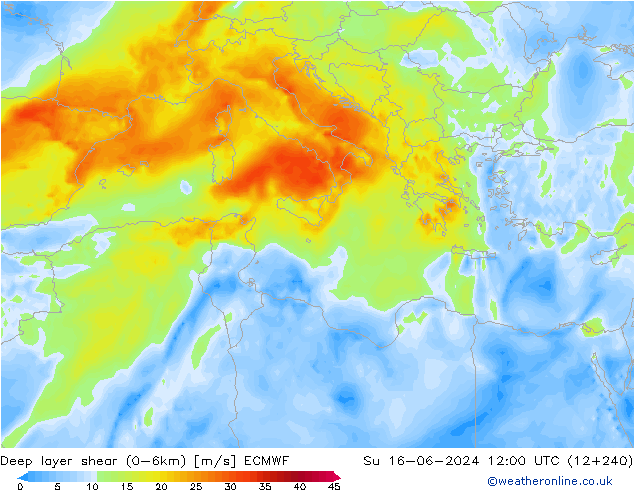 Deep layer shear (0-6km) ECMWF Su 16.06.2024 12 UTC