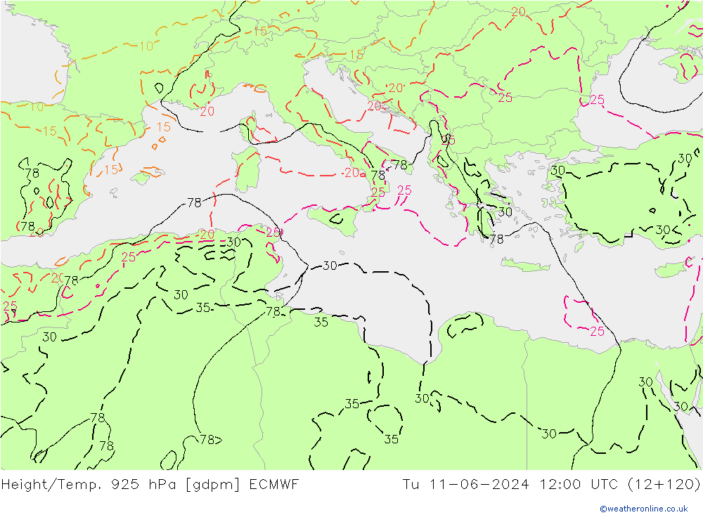 Height/Temp. 925 hPa ECMWF Tu 11.06.2024 12 UTC