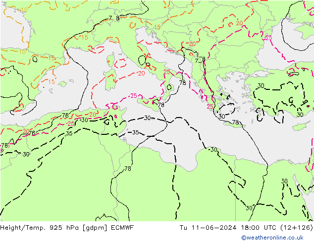 Height/Temp. 925 hPa ECMWF Tu 11.06.2024 18 UTC