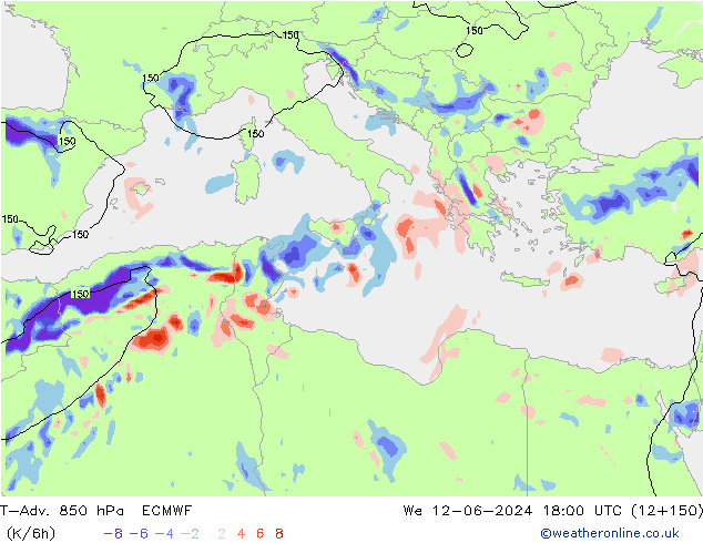 T-Adv. 850 hPa ECMWF We 12.06.2024 18 UTC