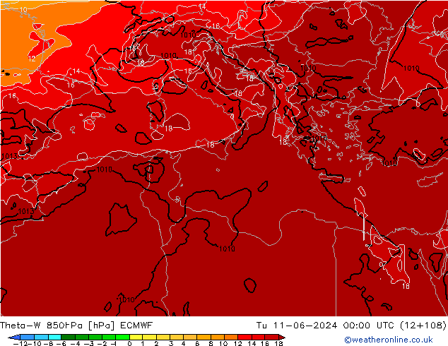 Theta-W 850hPa ECMWF Di 11.06.2024 00 UTC