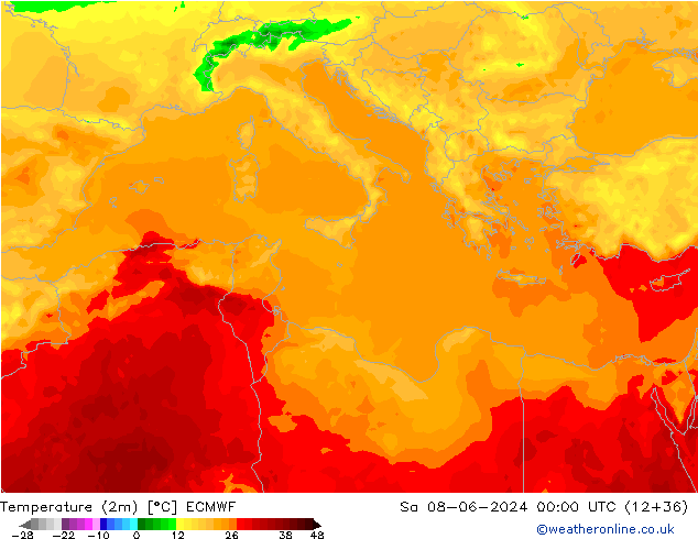 Temperatuurkaart (2m) ECMWF za 08.06.2024 00 UTC