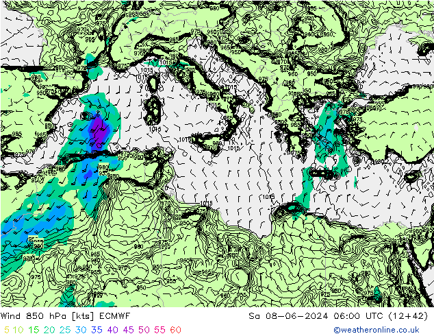 Wind 850 hPa ECMWF Sa 08.06.2024 06 UTC