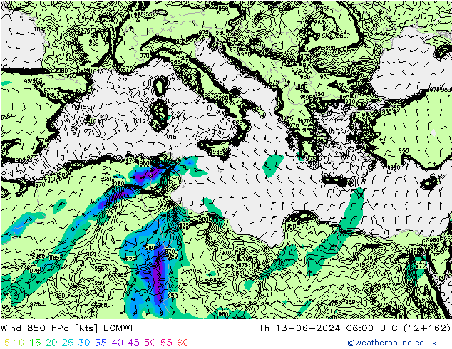 Wind 850 hPa ECMWF Th 13.06.2024 06 UTC