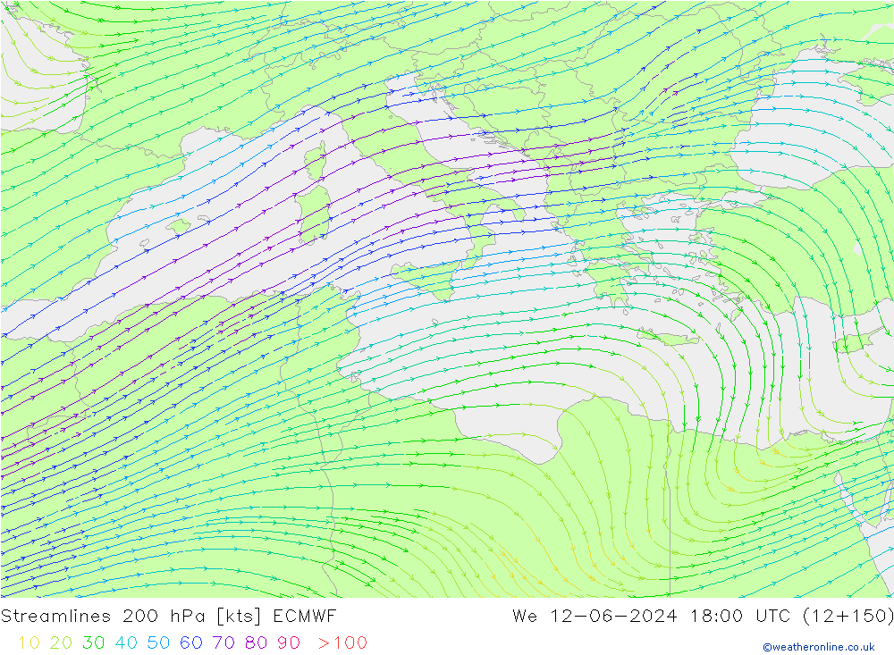 Linha de corrente 200 hPa ECMWF Qua 12.06.2024 18 UTC