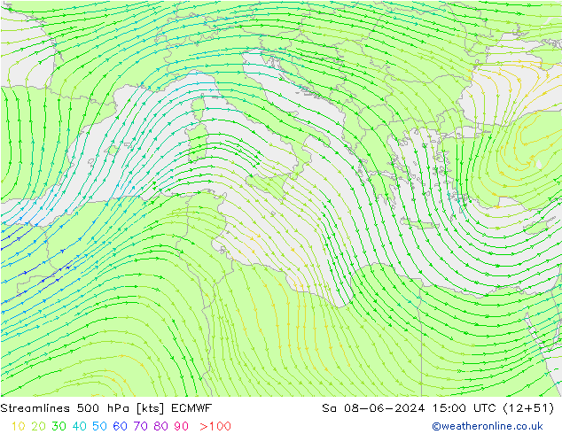 Linea di flusso 500 hPa ECMWF sab 08.06.2024 15 UTC