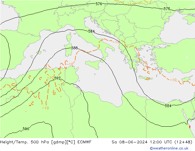 Z500/Rain (+SLP)/Z850 ECMWF Sa 08.06.2024 12 UTC