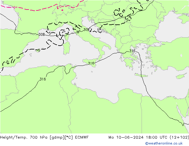 Height/Temp. 700 hPa ECMWF lun 10.06.2024 18 UTC