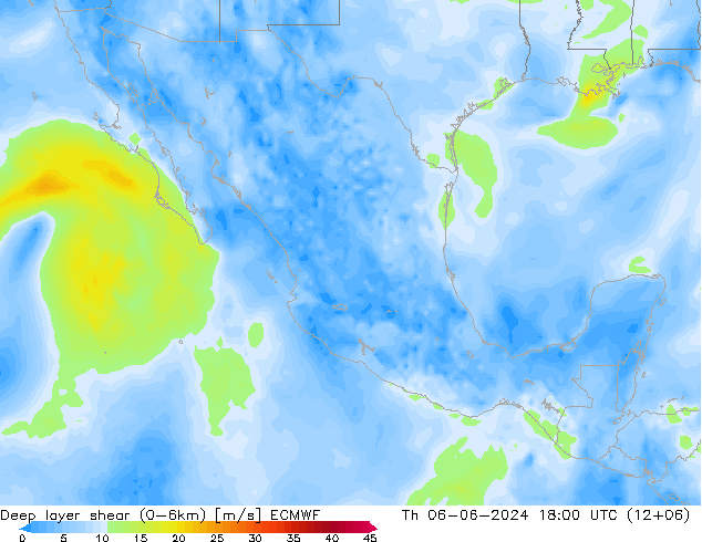 Deep layer shear (0-6km) ECMWF Do 06.06.2024 18 UTC
