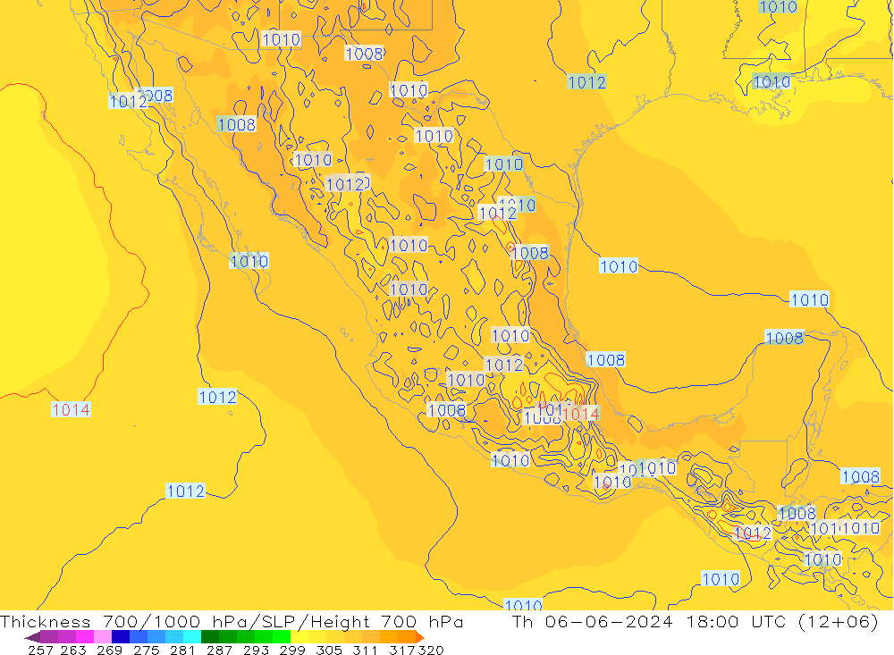 Espesor 700-1000 hPa ECMWF jue 06.06.2024 18 UTC