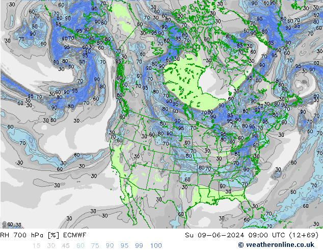 Humedad rel. 700hPa ECMWF dom 09.06.2024 09 UTC