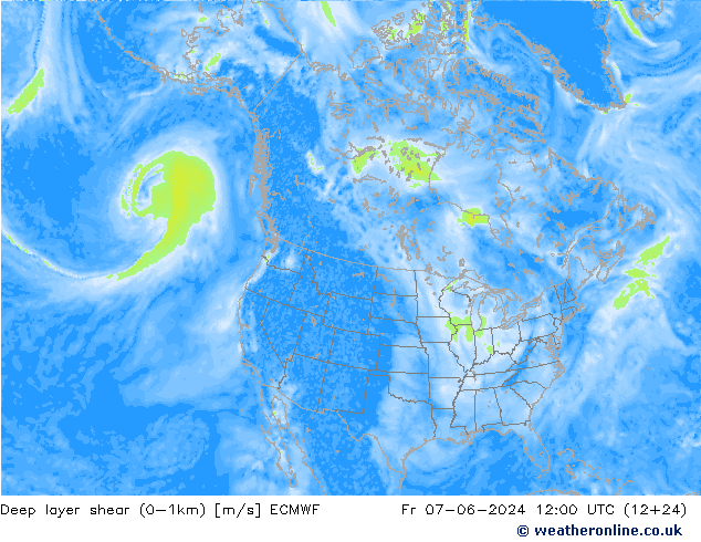 Deep layer shear (0-1km) ECMWF Fr 07.06.2024 12 UTC