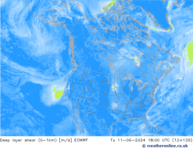 Deep layer shear (0-1km) ECMWF Tu 11.06.2024 18 UTC