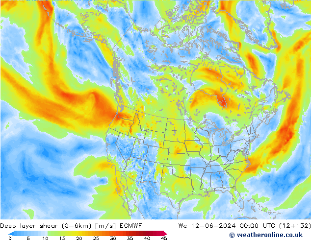 Deep layer shear (0-6km) ECMWF We 12.06.2024 00 UTC