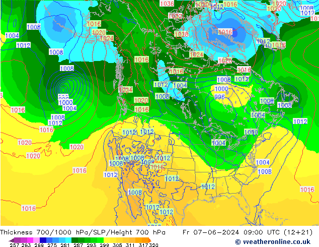 Espesor 700-1000 hPa ECMWF vie 07.06.2024 09 UTC