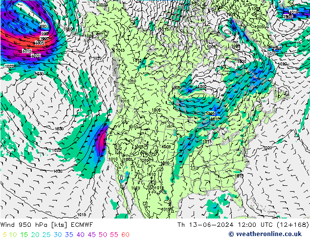 Vent 950 hPa ECMWF jeu 13.06.2024 12 UTC