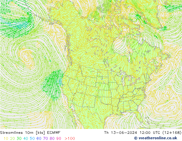 Ligne de courant 10m ECMWF jeu 13.06.2024 12 UTC