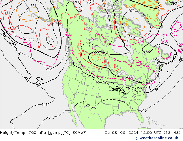 Geop./Temp. 700 hPa ECMWF sáb 08.06.2024 12 UTC