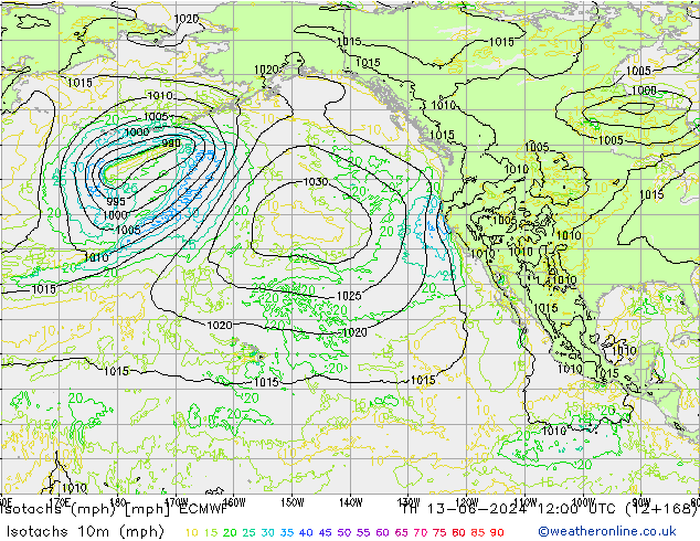 Isotachs (mph) ECMWF Th 13.06.2024 12 UTC