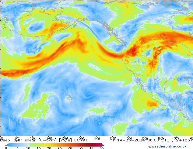 Deep layer shear (0-6km) ECMWF Sex 14.06.2024 06 UTC