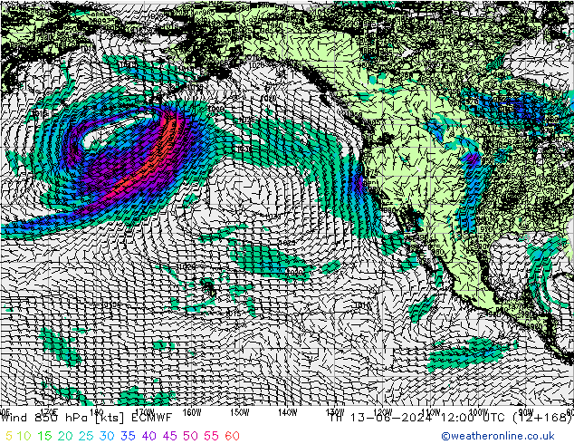 Wind 850 hPa ECMWF do 13.06.2024 12 UTC