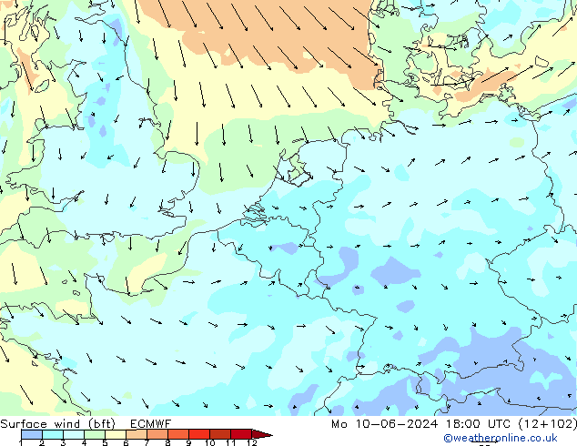 Surface wind (bft) ECMWF Po 10.06.2024 18 UTC