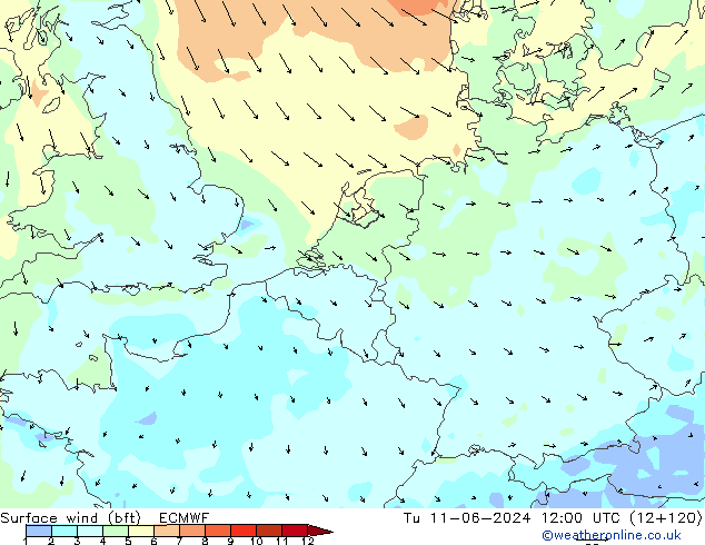 Vent 10 m (bft) ECMWF mar 11.06.2024 12 UTC