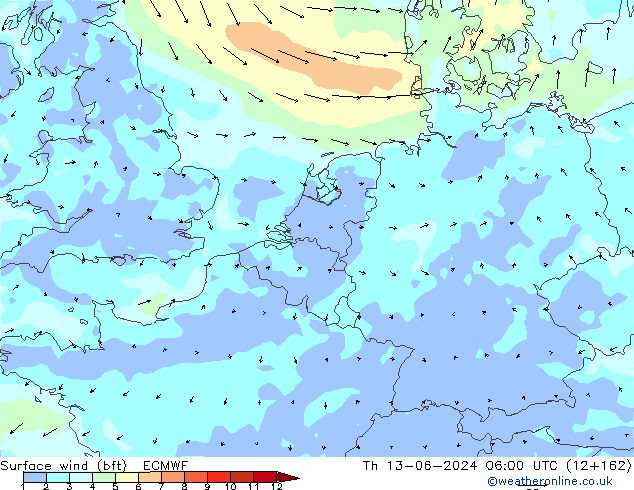 ве�Bе�@ 10 m (bft) ECMWF чт 13.06.2024 06 UTC