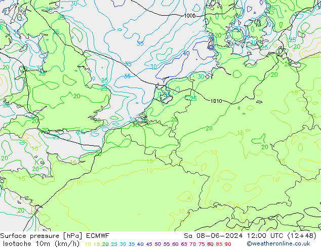 Isotachen (km/h) ECMWF Sa 08.06.2024 12 UTC