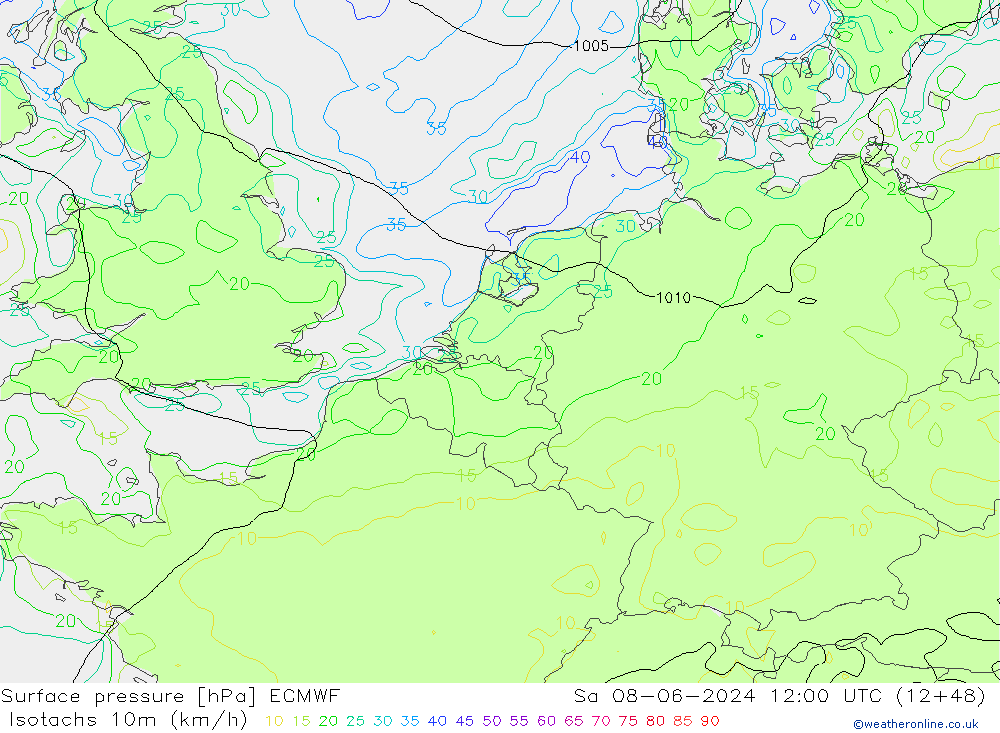 Isotachen (km/h) ECMWF Sa 08.06.2024 12 UTC