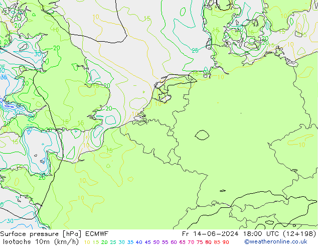 Izotacha (km/godz) ECMWF pt. 14.06.2024 18 UTC