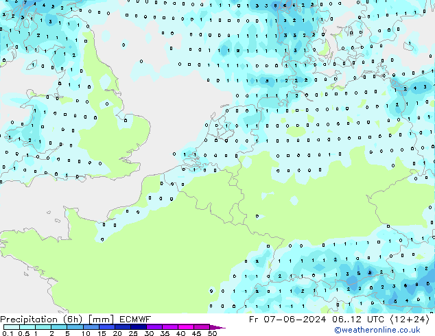 Totale neerslag (6h) ECMWF vr 07.06.2024 12 UTC