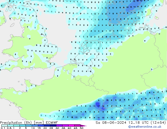 Precipitation (6h) ECMWF Sa 08.06.2024 18 UTC