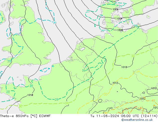 Theta-e 850hPa ECMWF Di 11.06.2024 06 UTC