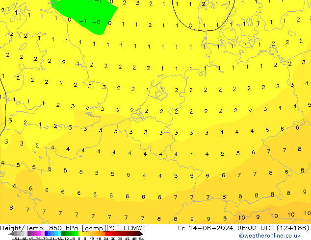 Hoogte/Temp. 850 hPa ECMWF vr 14.06.2024 06 UTC