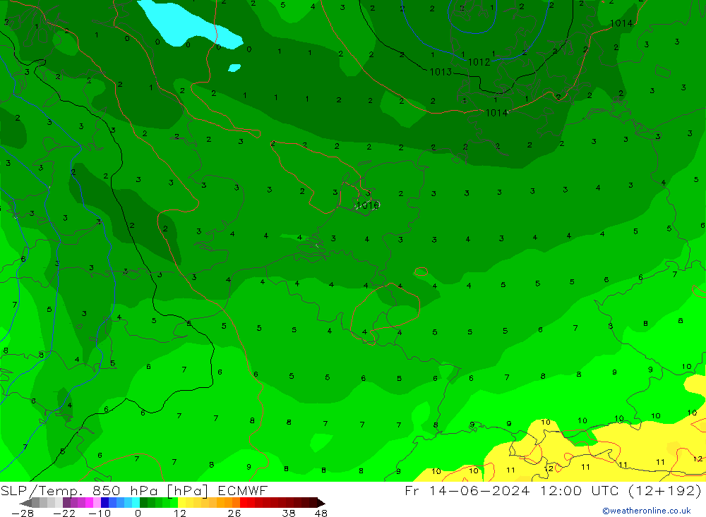 850 hPa Yer Bas./Sıc ECMWF Cu 14.06.2024 12 UTC