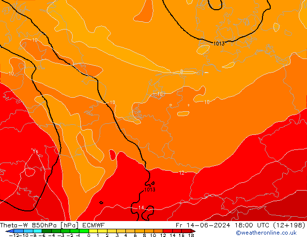 Theta-W 850hPa ECMWF Pá 14.06.2024 18 UTC