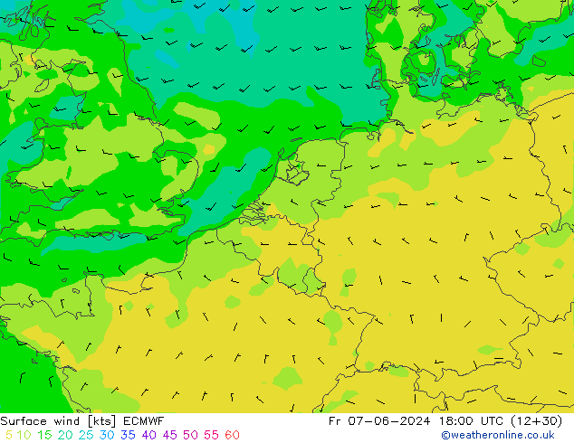 wiatr 10 m ECMWF pt. 07.06.2024 18 UTC