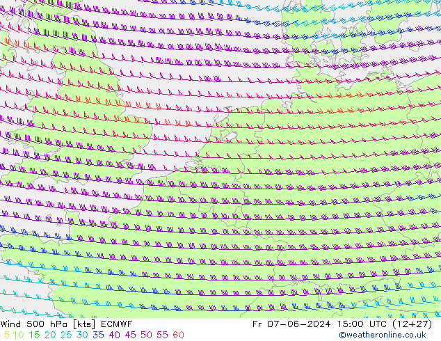Vento 500 hPa ECMWF ven 07.06.2024 15 UTC