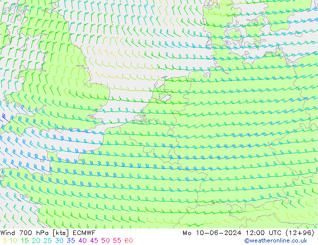 Wind 700 hPa ECMWF Po 10.06.2024 12 UTC